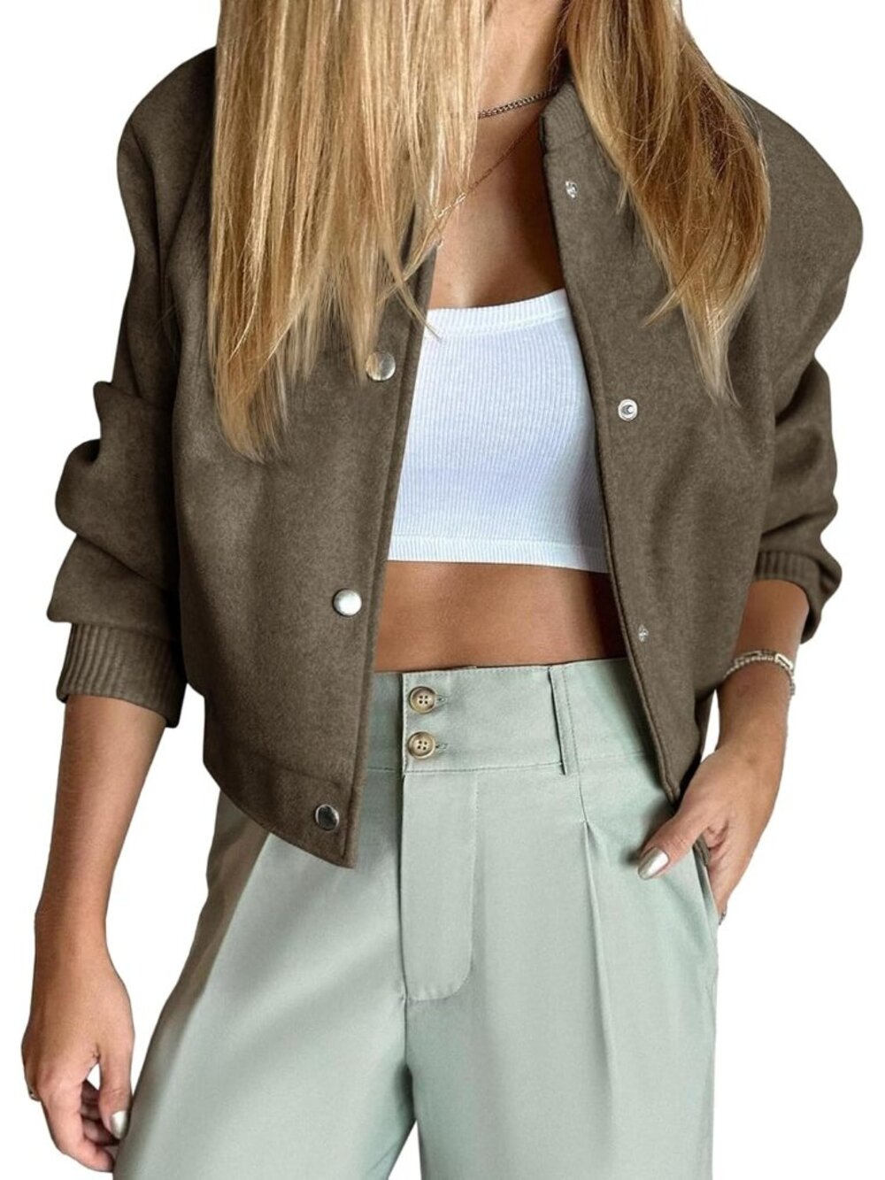 Women's Coffee Wool Blend Cropped Varsity Short Button Down Pea Bomber Jacket